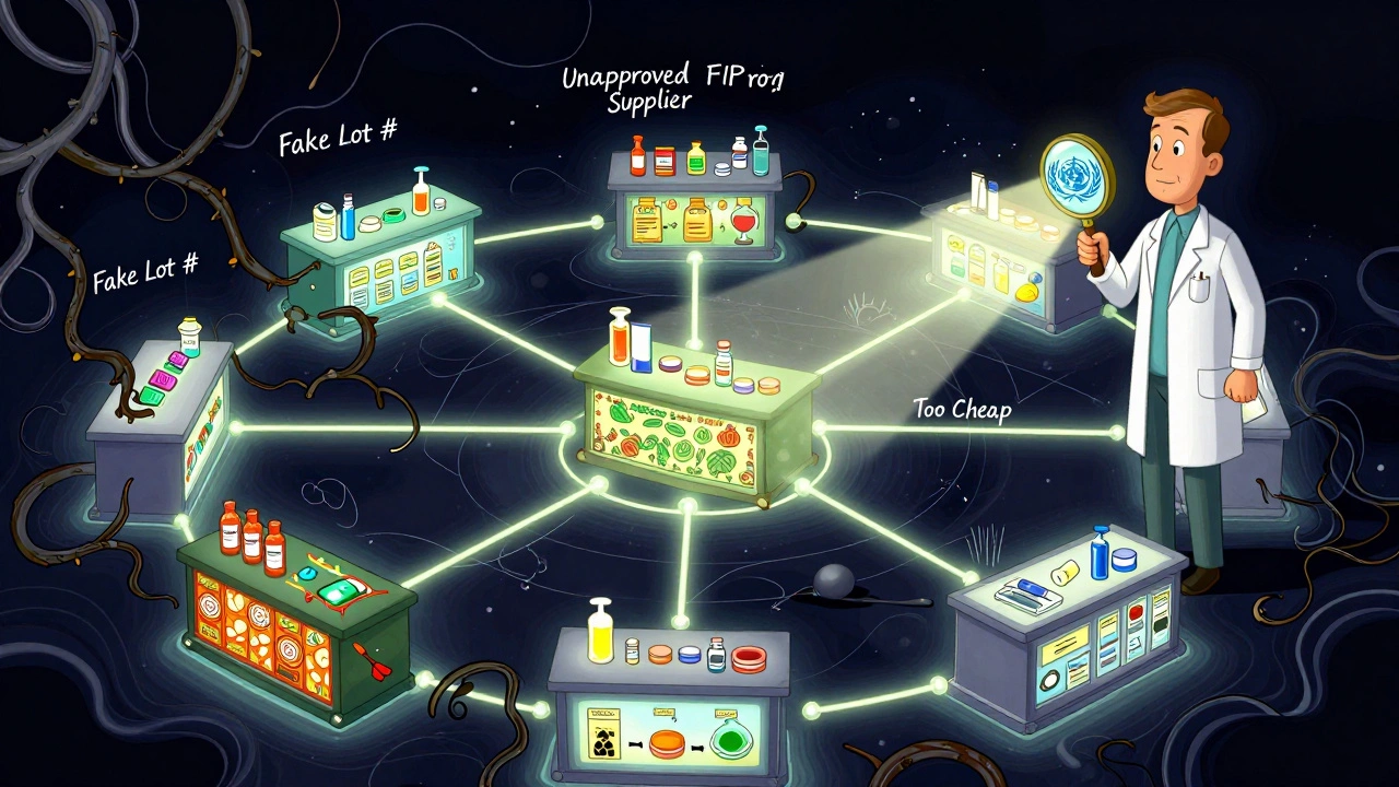 Global pharmacy network connected by light threads, with dark vines threatening one corner as a pharmacist shines a protective light.