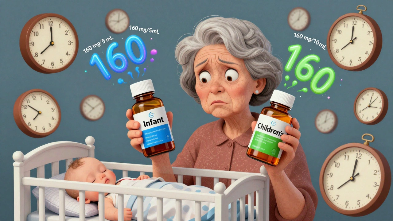 Grandmother confused by two similar medicine bottles, with floating concentration labels and a sleeping baby nearby.