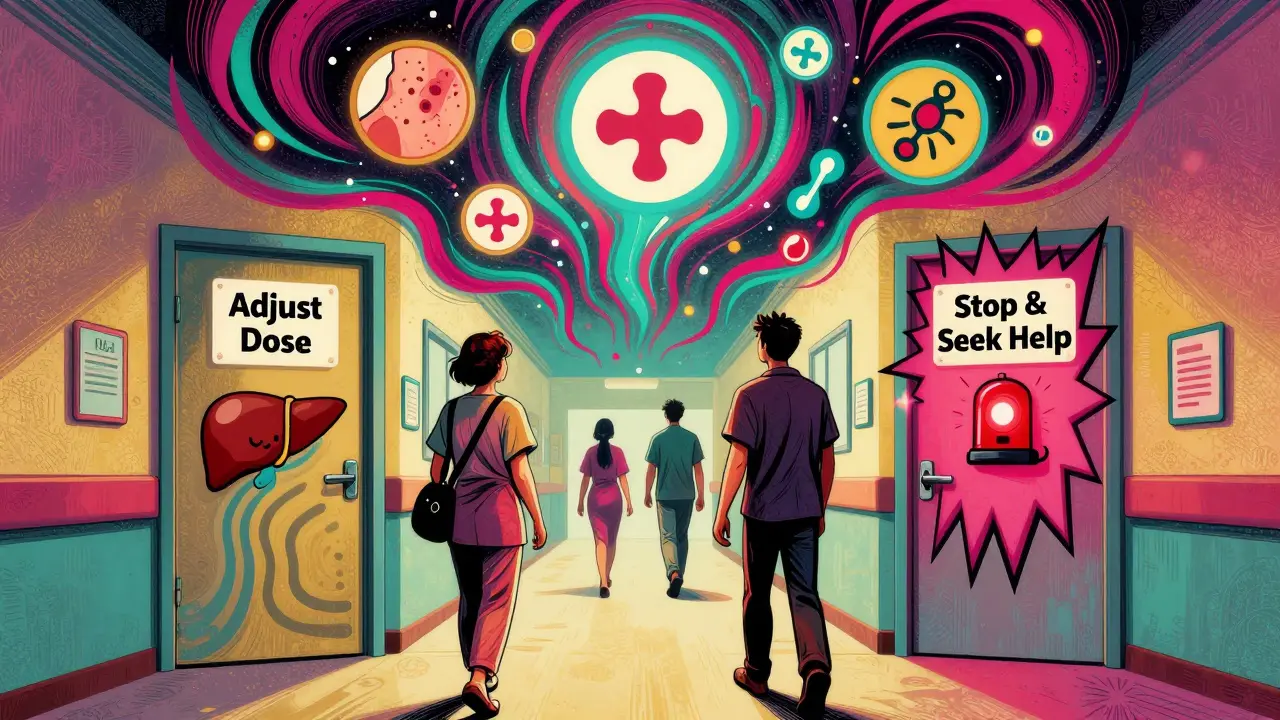 Hospital hallway with two doors labeled for Type A and Type B reactions, surrounded by floating medical icons in swirling psychedelic art style.