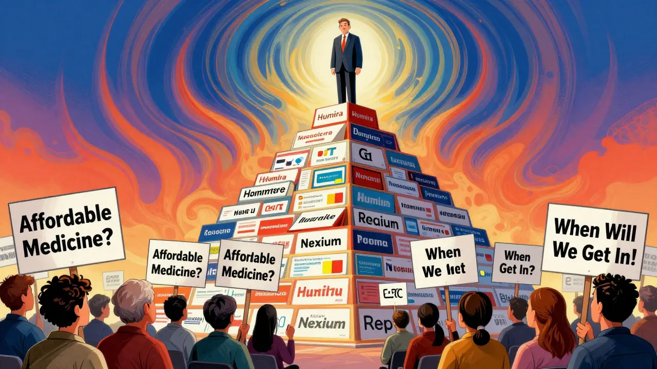 Lawyer on a pyramid of patents overshadowing patients demanding affordable medicine.