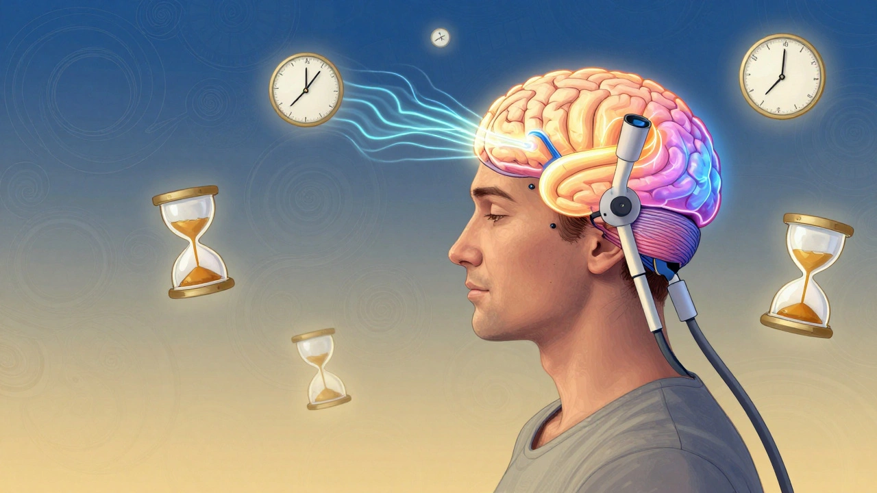 Patient receiving rTMS therapy with energy waves activating the brain, surrounded by time symbols.