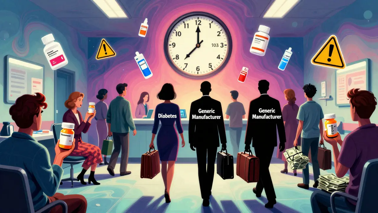 Patients holding empty pill bottles as manufacturers walk away with cash in a surreal ER scene