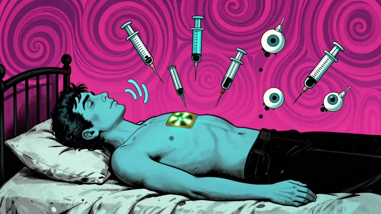 Person with fentanyl patch glowing as abstract overdose symptoms float around them in swirling colors