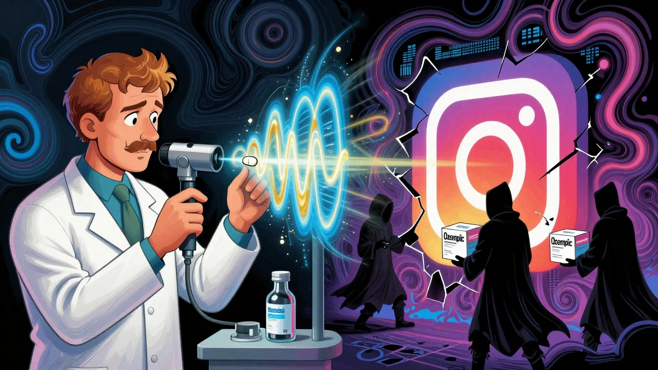 Pharmacist scanning a pill with a handheld device while shadowy figures ship fake drugs through a digital portal.