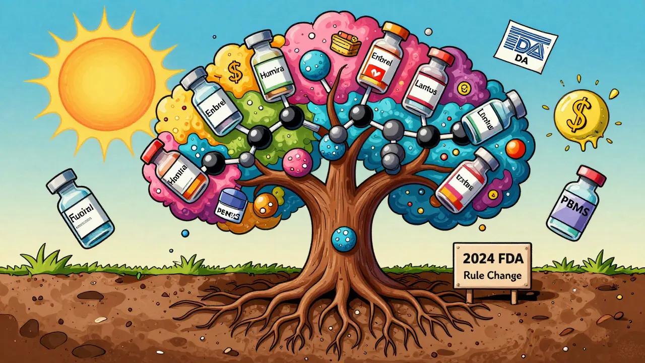 Psychedelic biosimilar molecule tree growing through U.S. legal obstacles, blooming into interchangeable drugs under FDA sun.