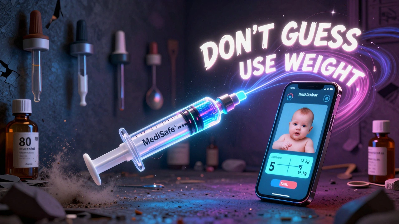 Smart syringe glowing with digital dose info, while outdated measuring tools crumble into dust in a psychedelic scene.