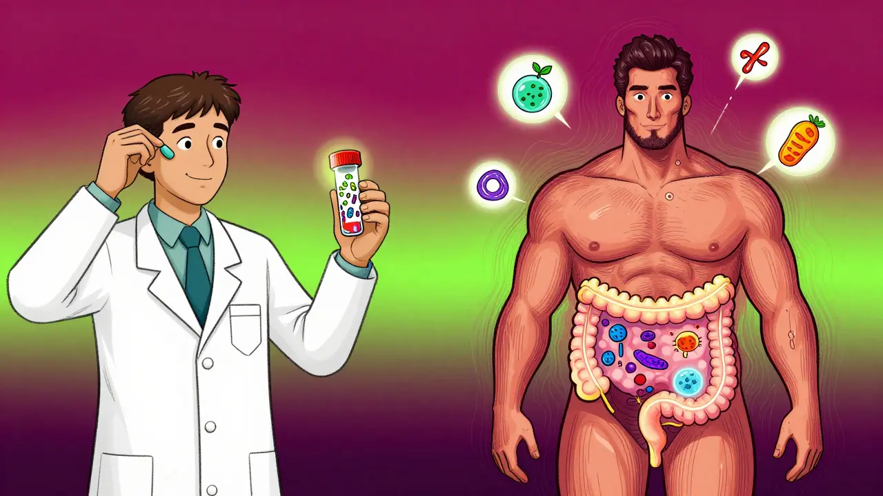 Split scene of a person taking probiotics with a scientist on one side, and a healthier version with a balanced gut ecosystem on the other.