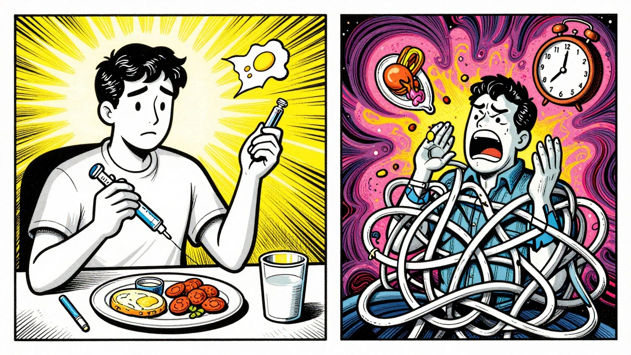Split scene showing basal-bolus therapy vs. rigid premixed insulin with swirling patterns and symbolic elements.