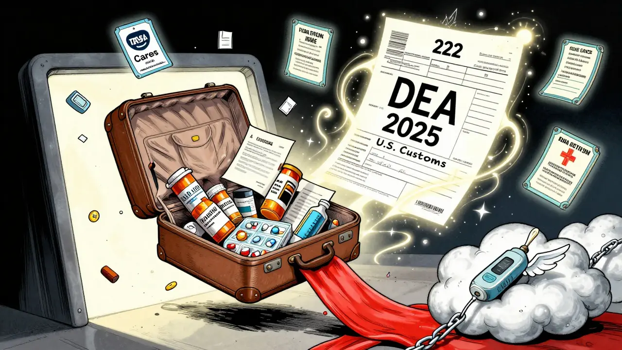 Suitcase exploding with prescriptions and legal documents as a DEA form hovers above in a customs portal.