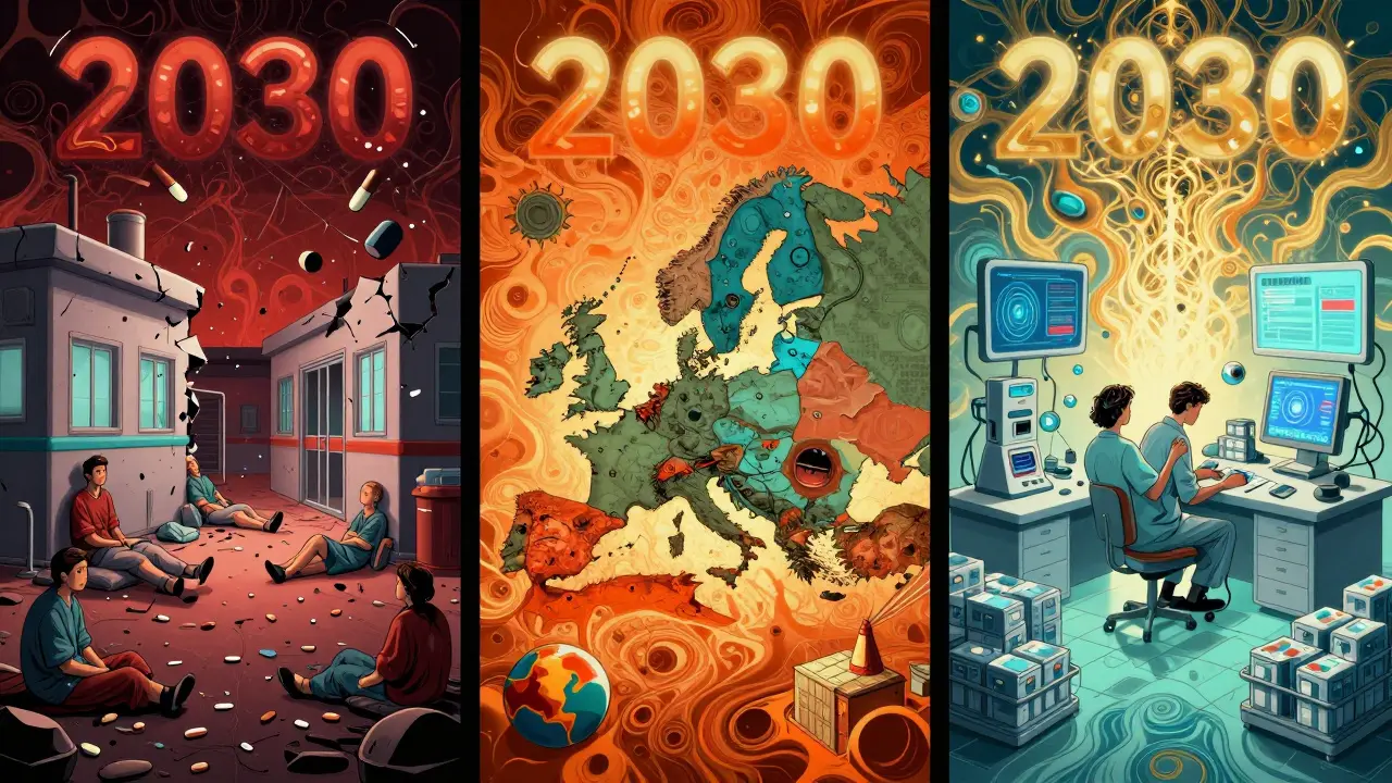 Three futures of drug scarcity: collapse, fragmentation, and systemic recovery in triptych