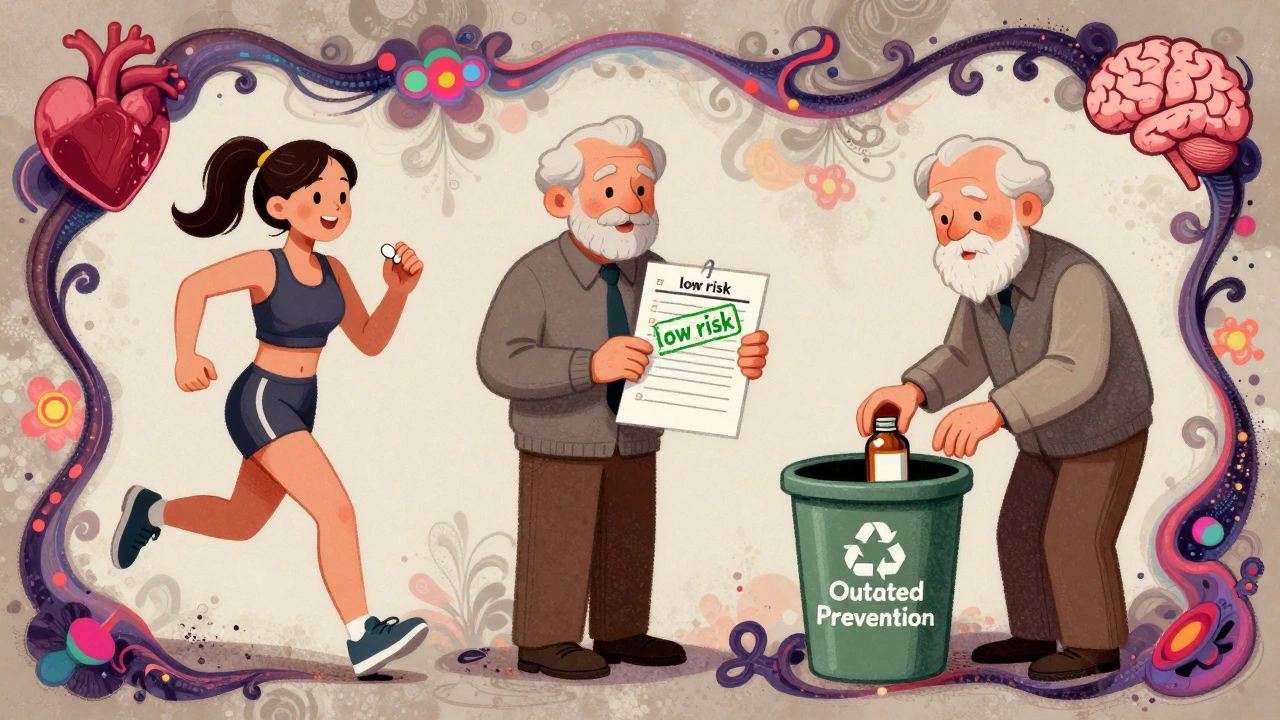 Three people representing modern heart prevention: jogging, low risk, and discarding aspirin