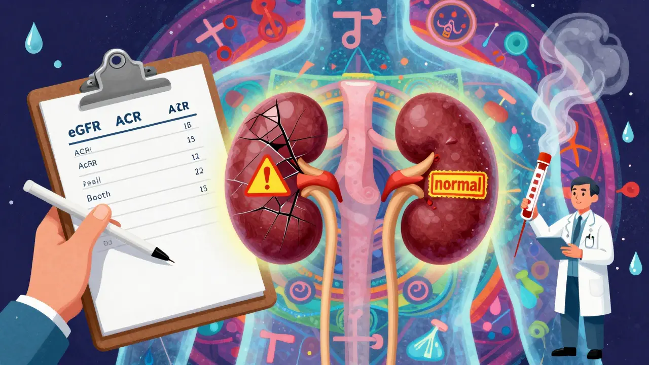 Transparent patient with glowing kidneys showing normal and damaged states, surrounded by medical symbols