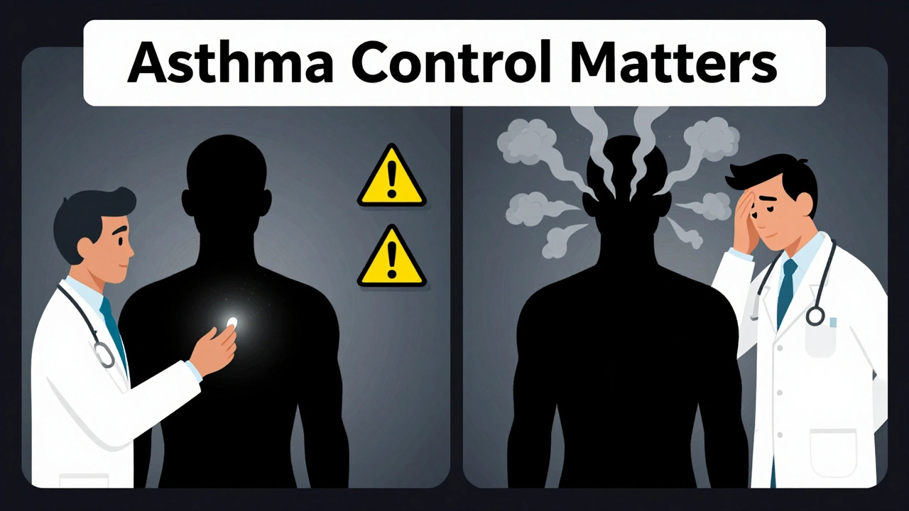 Two patient figures: one safe with inhaler and atenolol, another with asthma symptoms, under &#039;Asthma Control Matters&#039; banner.