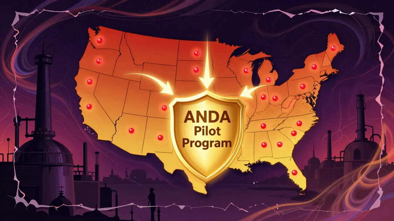 U.S. manufacturing supply chain glowing with American labs, pills, and API sources under a golden shield.