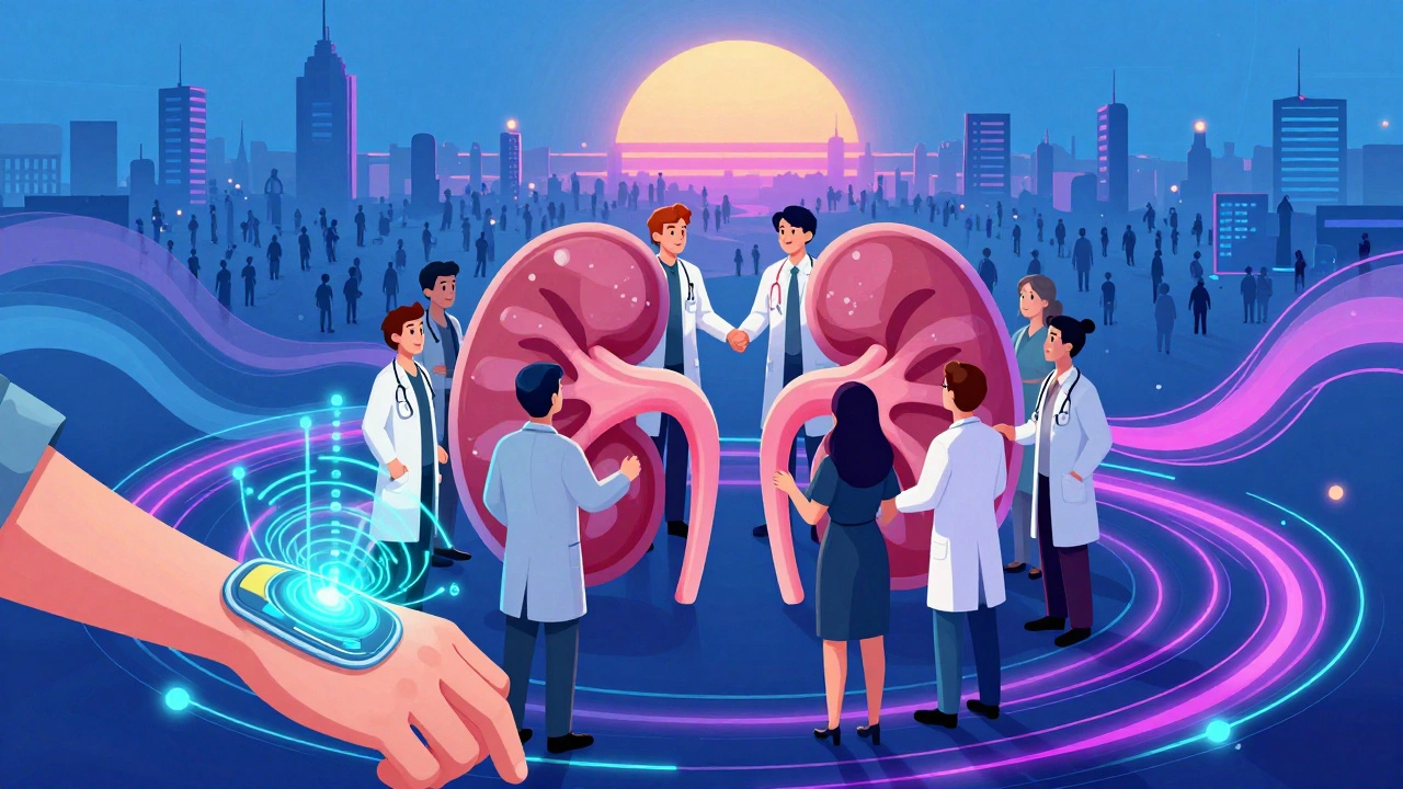 Wearable sodium patch glowing on arm, medical team forming a kidney shape in psychedelic style.