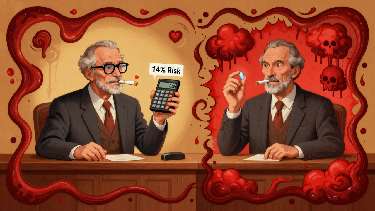 A 55-year-old faces a choice: aspirin with bleeding risks or healthy lifestyle choices, rendered in psychedelic style.