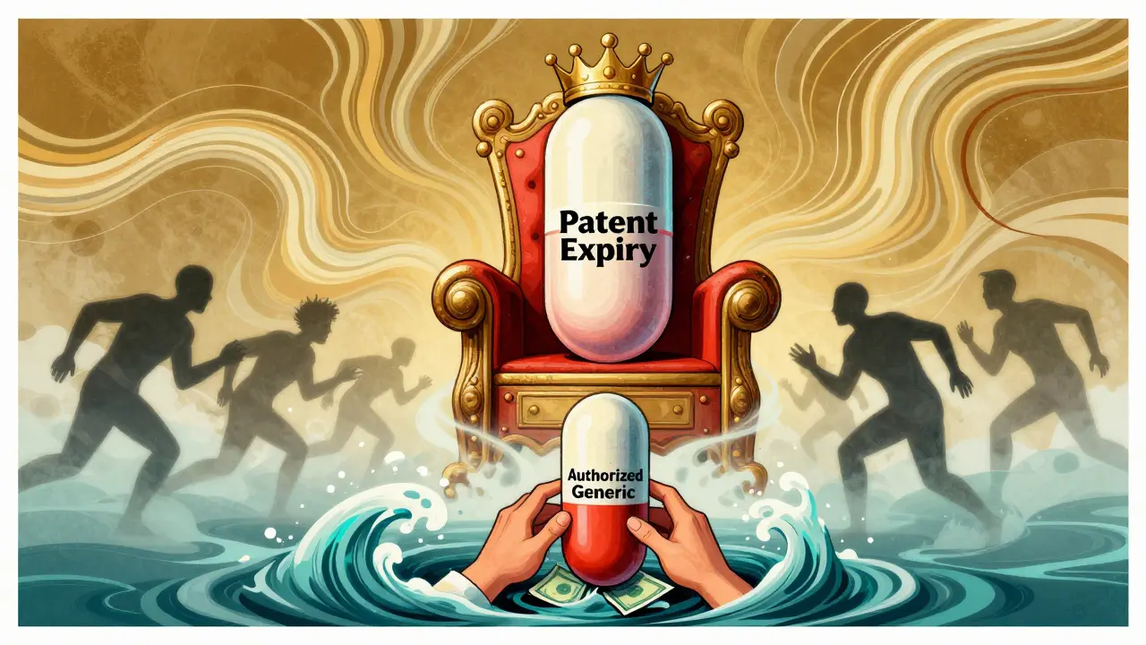 A crowned brand pill on a throne as a generic pill rises below, with competitors fading away in psychedelic art style.