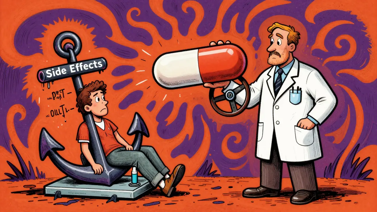 A doctor holding a giant clomipramine pill while a patient is burdened by side effect symbols.