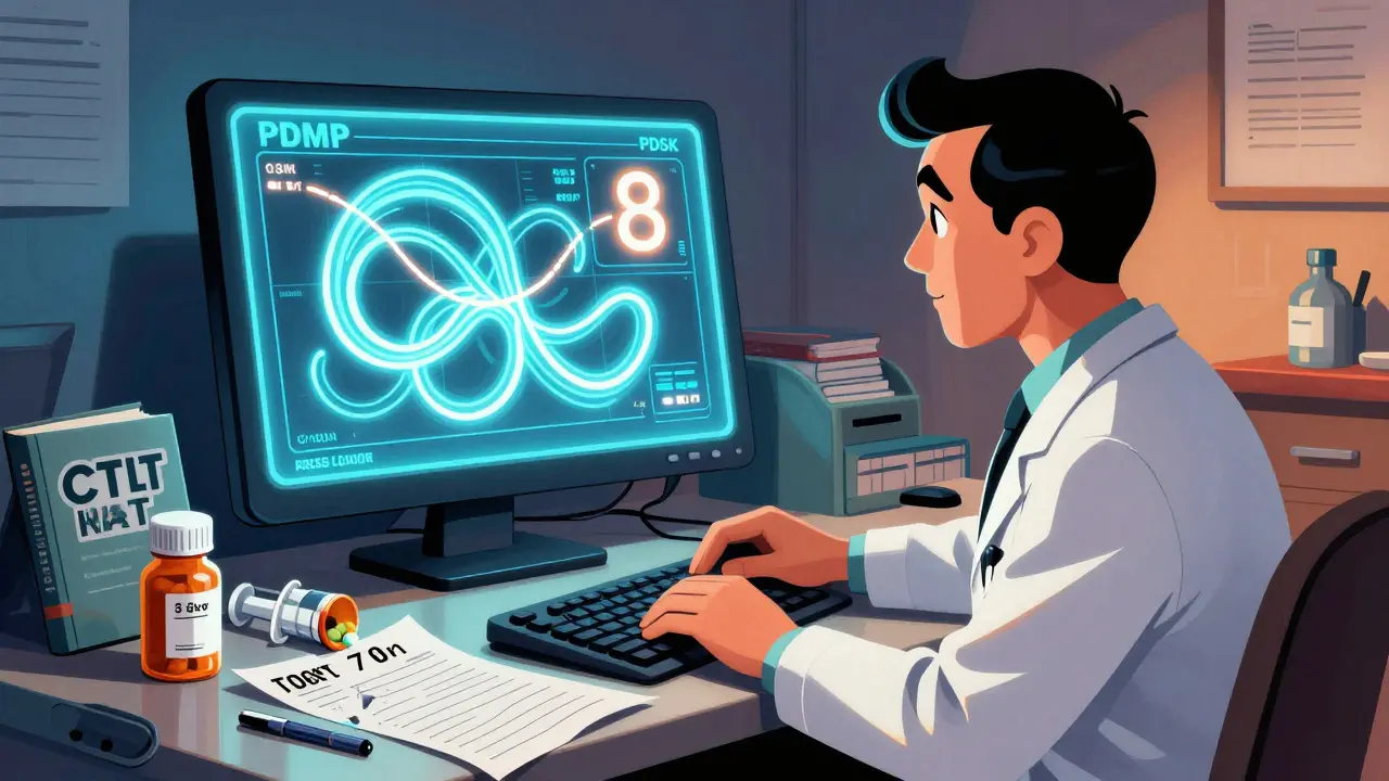 A doctor reviews a patient's risk score on a glowing prescription monitor while non-opioid treatments sit on the desk.