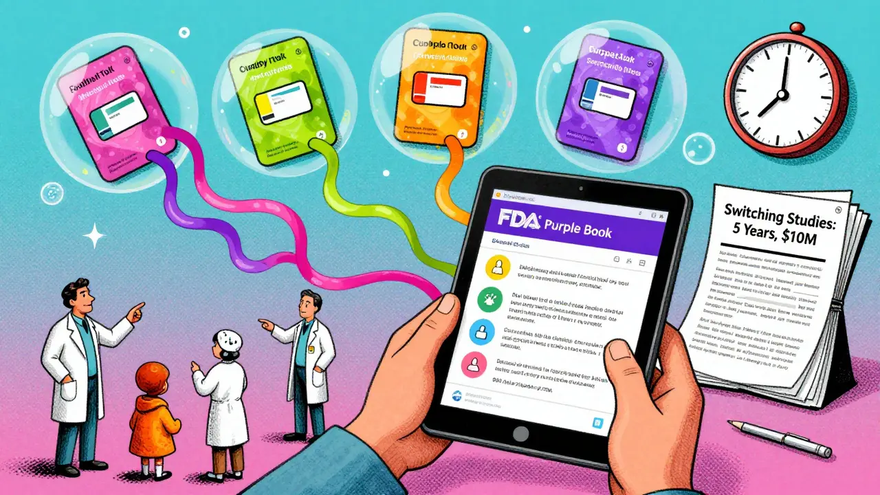 A patient viewing the Purple Book on a tablet, surrounded by color-coded drug cards linked by ribbons, with clinical trial reports nearby.