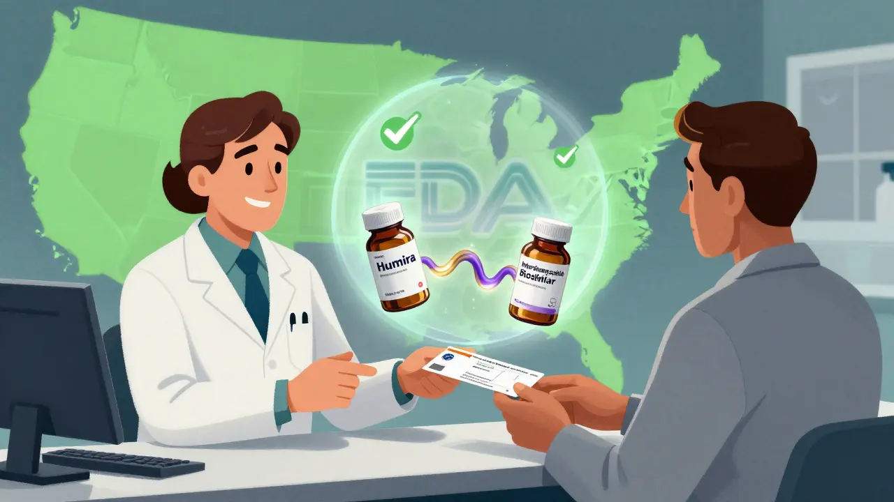 A pharmacist handing a prescription as two drug bottles float connected by a shimmering line, with state maps glowing differently behind them.