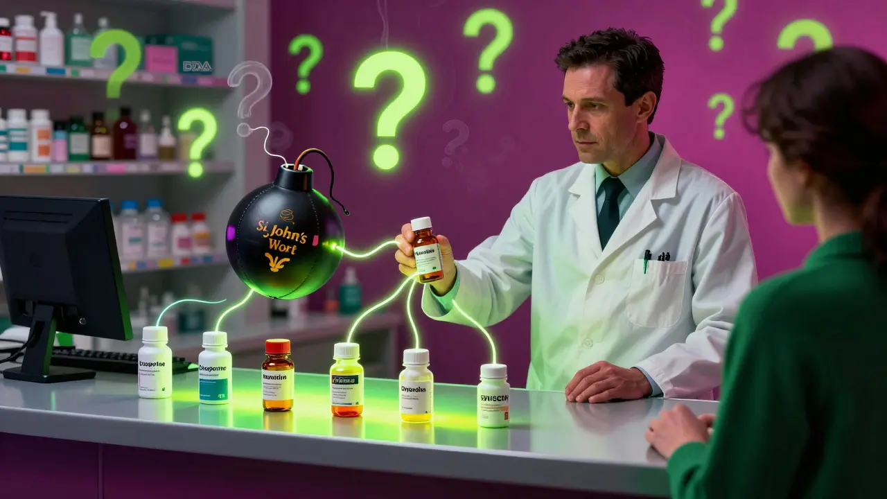 A pharmacy scene where a St. John’s Wort bottle turns into a bomb connected to life-saving medications by glowing wires.