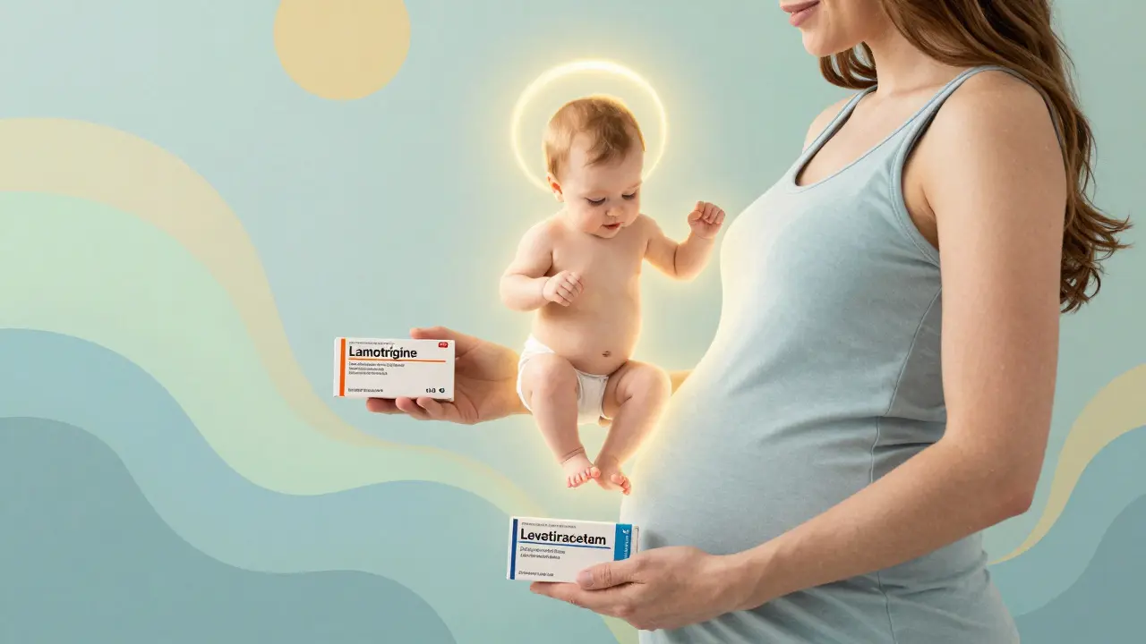 A pregnant woman safely holding lamotrigine and levetiracetam with a glowing healthy baby above her.