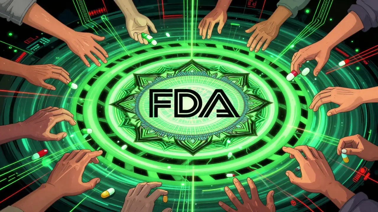 A psychedelic FDA mandala radiating black warning rings, with hands reaching for pills amid digital data streams.