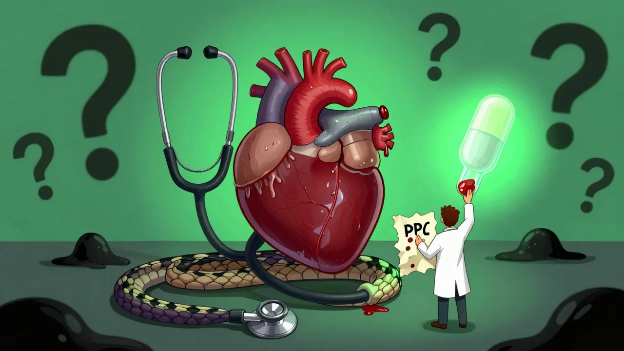 A stethoscope serpent wraps around heart and gut, dripping blood into a PPI bottle while acetaminophen glows safely.