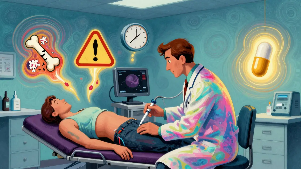 A surreal clinic scene with ultrasound-guided injection, floating warnings, and glowing Zilretta capsule in psychedelic patterns.