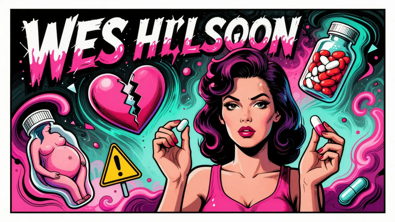 A woman holding St. John’s Wort next to birth control pills, with swirling neon patterns and a shattered heart symbol.