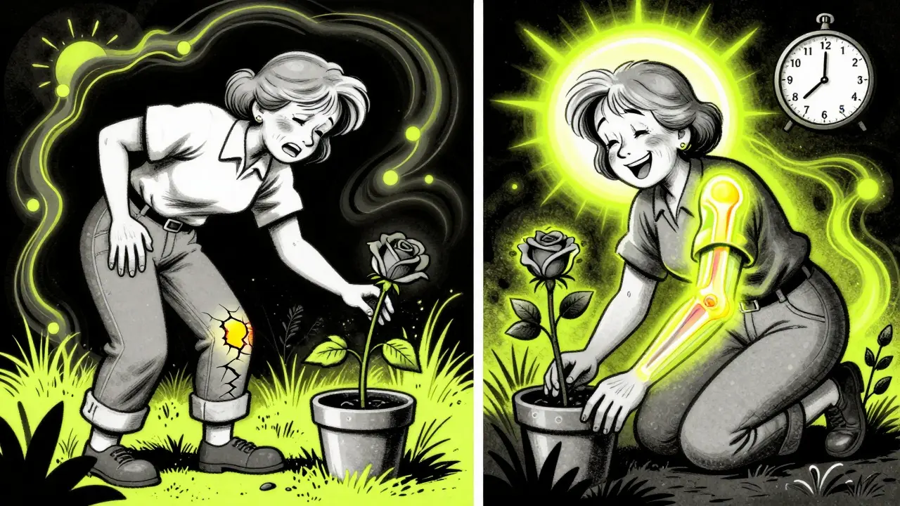 A woman in gardening clothes, before and after cortisone shot, with fading time symbols in vibrant psychedelic art style.