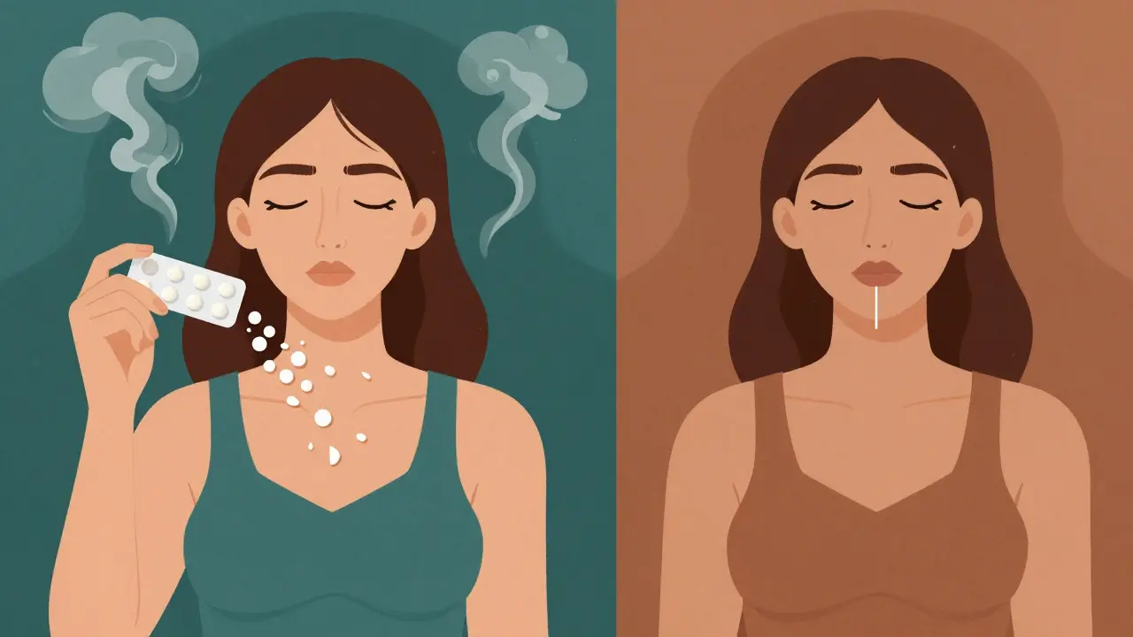 A woman switching from risky birth control interactions to a copper IUD in calming psychedelic tones.