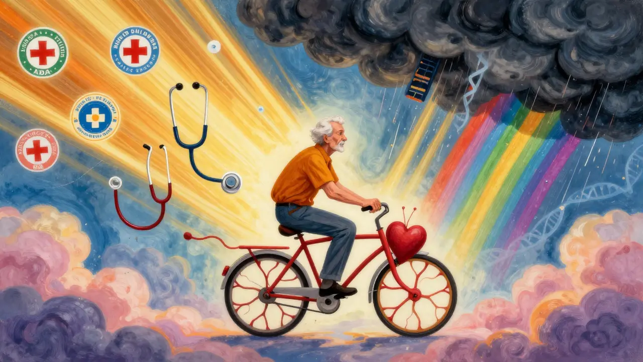 An elderly man rides a heart-neuron bicycle through a sky of medical symbols, with panic clouds dissolving into rainbows.