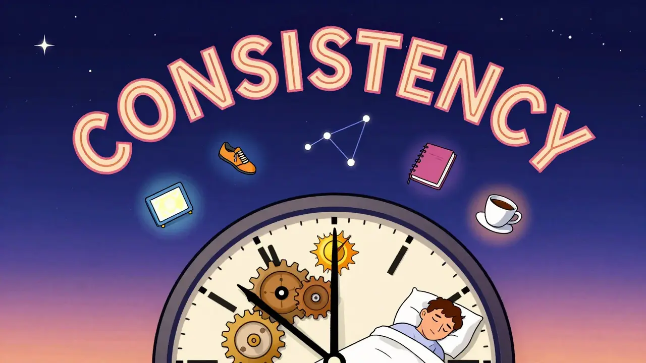 Clock made of gears with daily habit symbols orbiting like planets in a psychedelic sky.