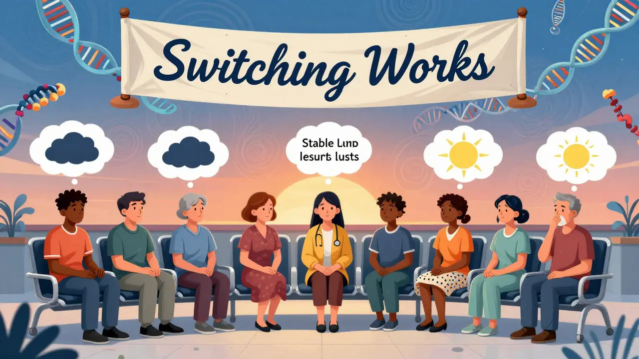 Diverse patients in a clinic with thought bubbles showing fears and realities, surrounded by abstract biological patterns.