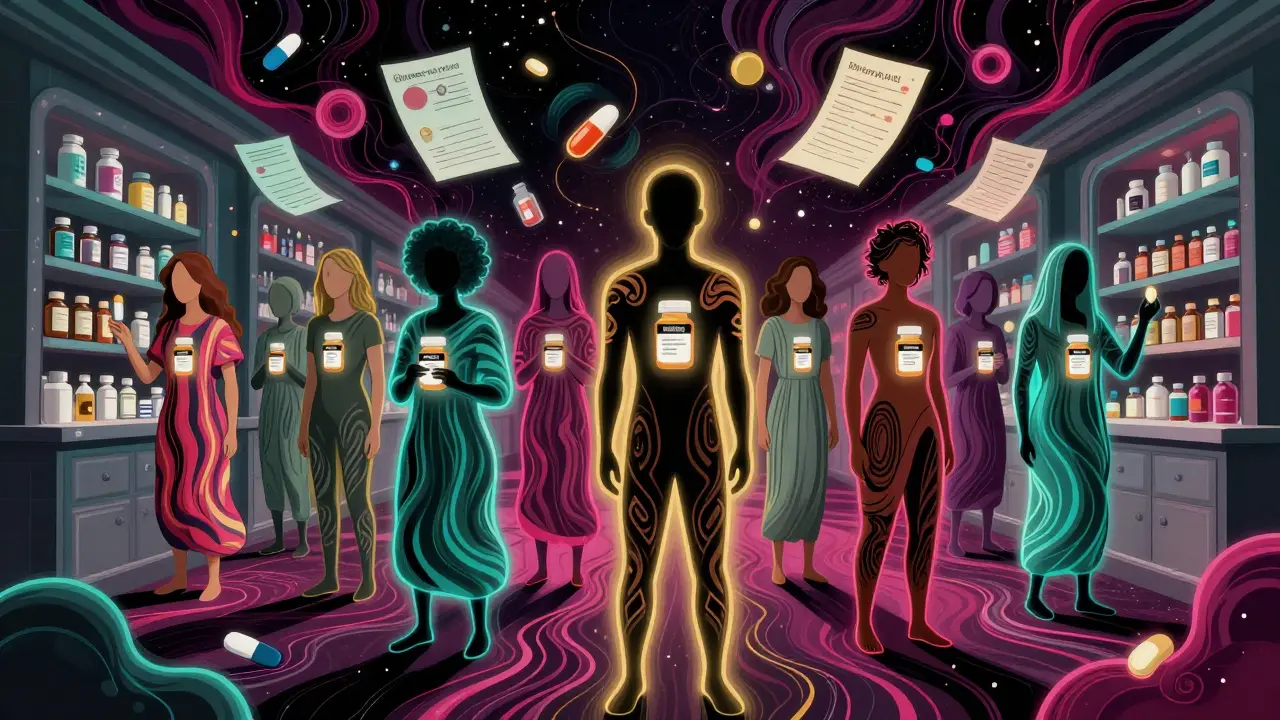 Diverse patients with glowing black box warnings on their chests, standing in a surreal cosmic pharmacy hallway.
