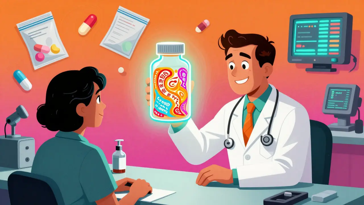 Doctor examining a glowing pill bottle with psychedelic labels while a patient sits nearby, digital screens fading in the background.