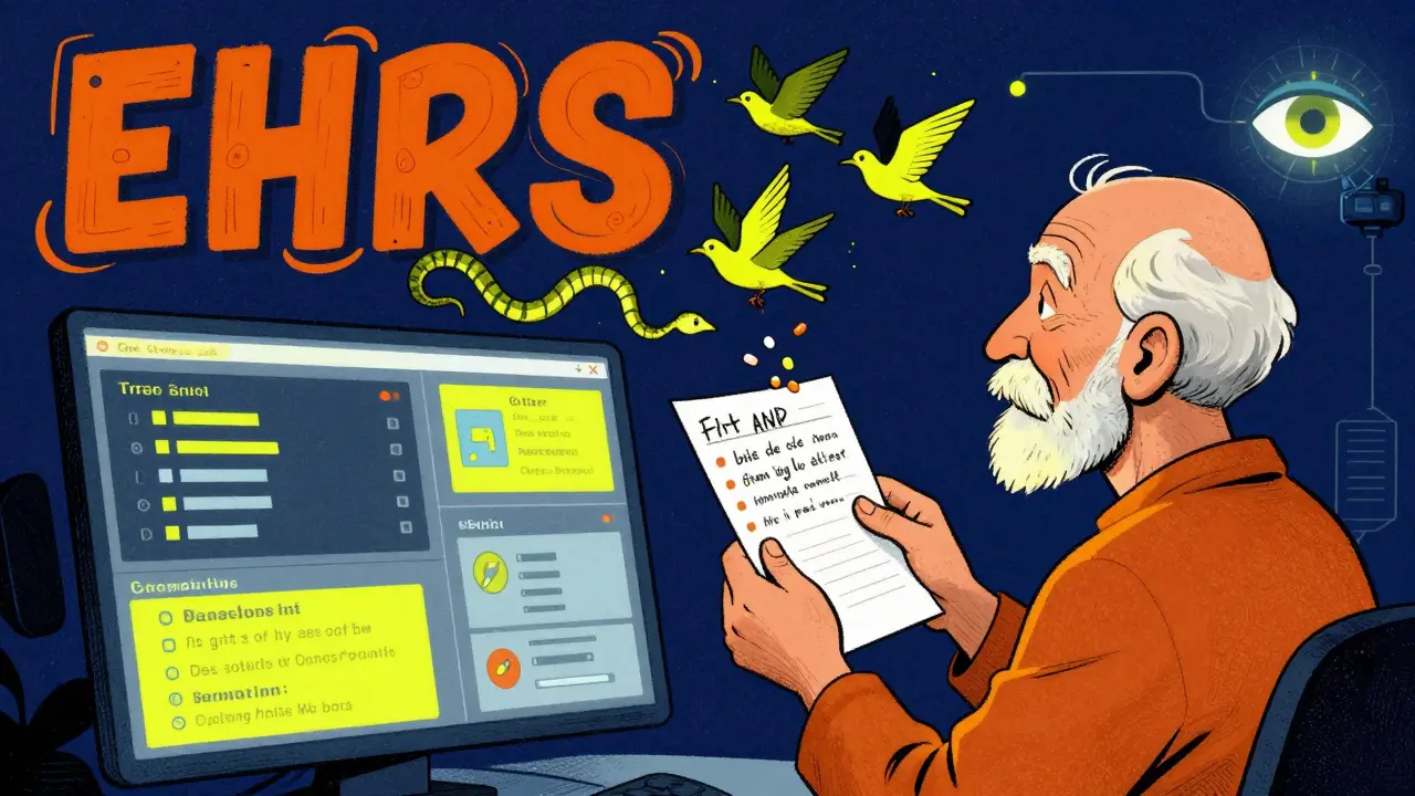 Elderly person holding a pill list that becomes birds and snakes, with flickering health alerts below.