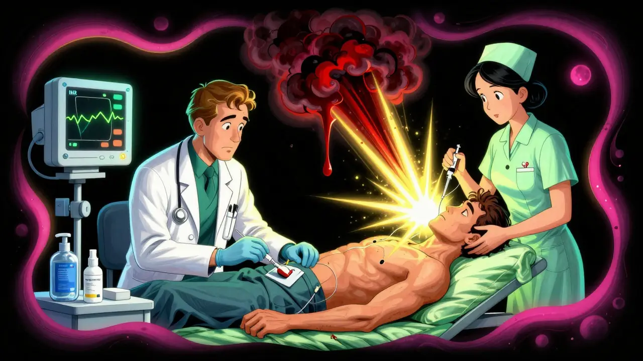Emergency scene showing reversal of warfarin bleeding versus DOAC reversal with glowing light in psychedelic art style.