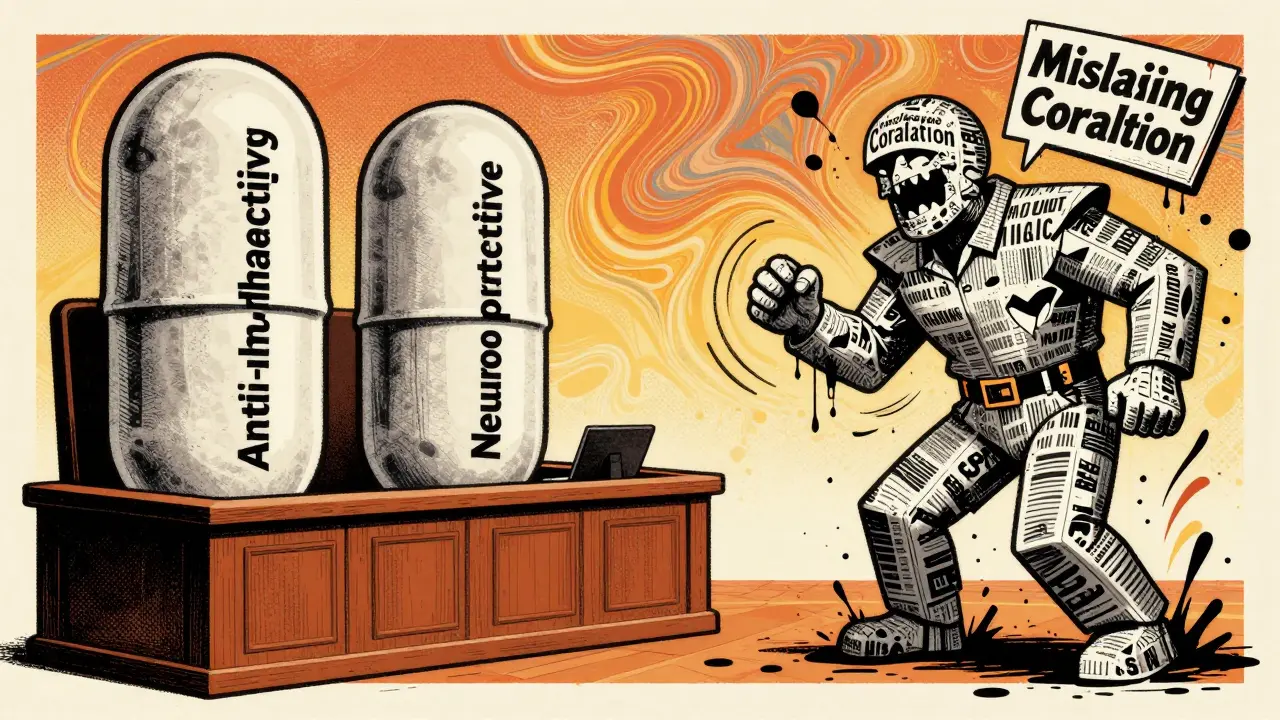 Giant statin pills defend against crumbling headlines in a psychedelic courtroom scene with swirling 1960s poster colors.