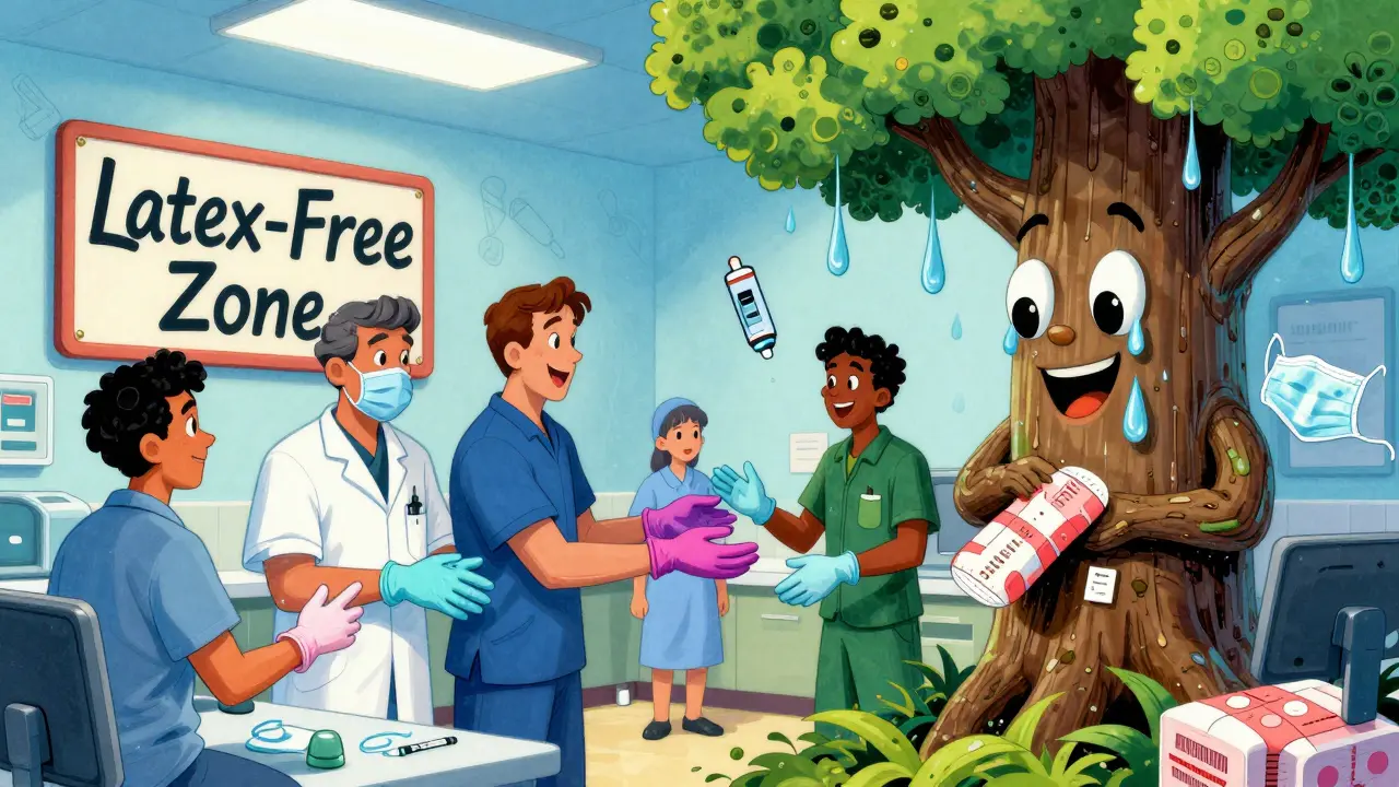 Hospital break room where workers swap latex for nitrile gloves amid a glowing rubber tree and warning signs.
