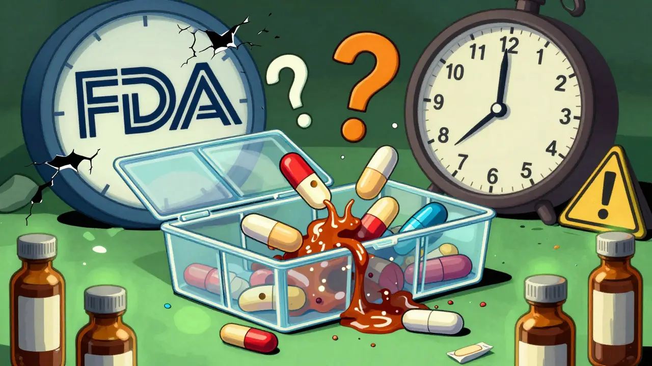 Mixed medications clumping in a pill organizer, with amber vials and a ticking clock in background.