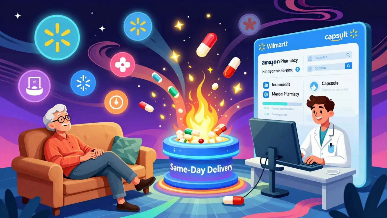 Neon digital pharmacy interface with floating generic pills and delivery service logos in swirling colors.