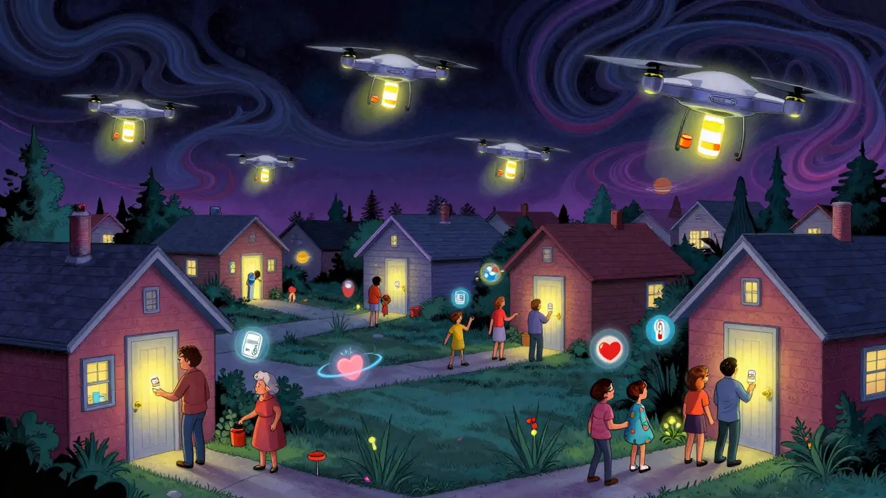 Nighttime neighborhood with glowing drones delivering pills to homes, health icons orbiting above.