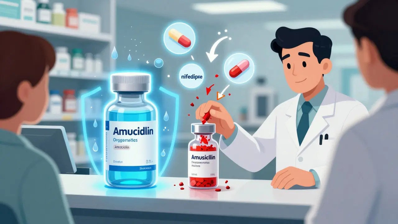 Original medicine bottle with protective shields vs. leaking repackaged vial with degradation signs.