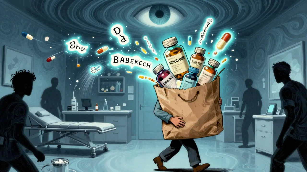 Patient entering clinic with brown bag full of bottles, each label glowing with floating psychedelic text, shadowy pills dissolving behind.