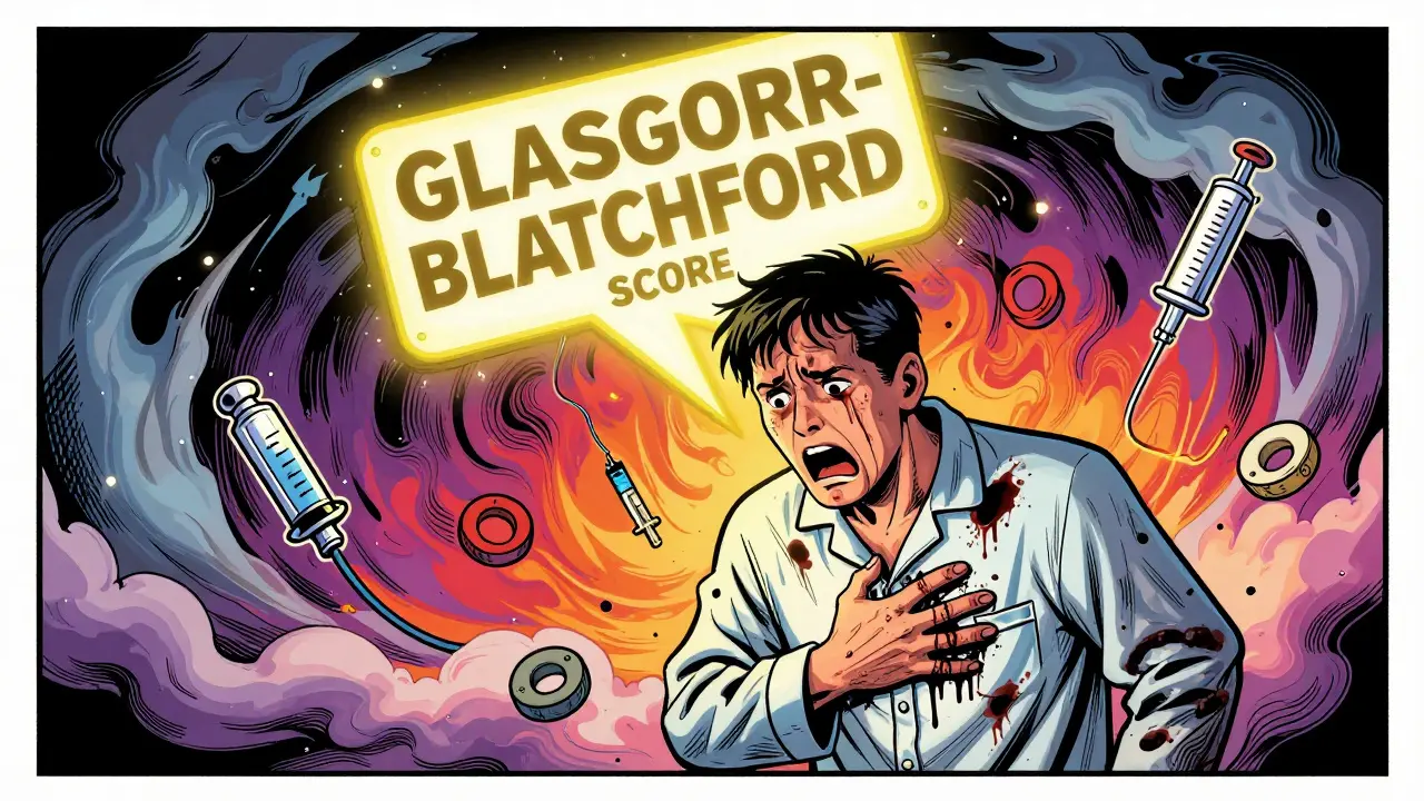 Patient with black stools and floating medical symbols in swirling psychedelic warning sign.