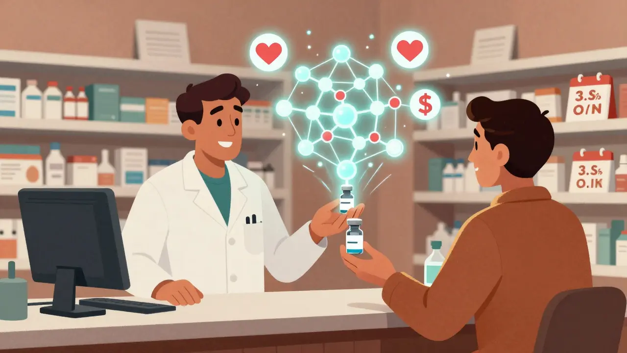 Pharmacist handing a biosimilar vial to a patient as molecules transform above them, symbolizing cost savings and trust.