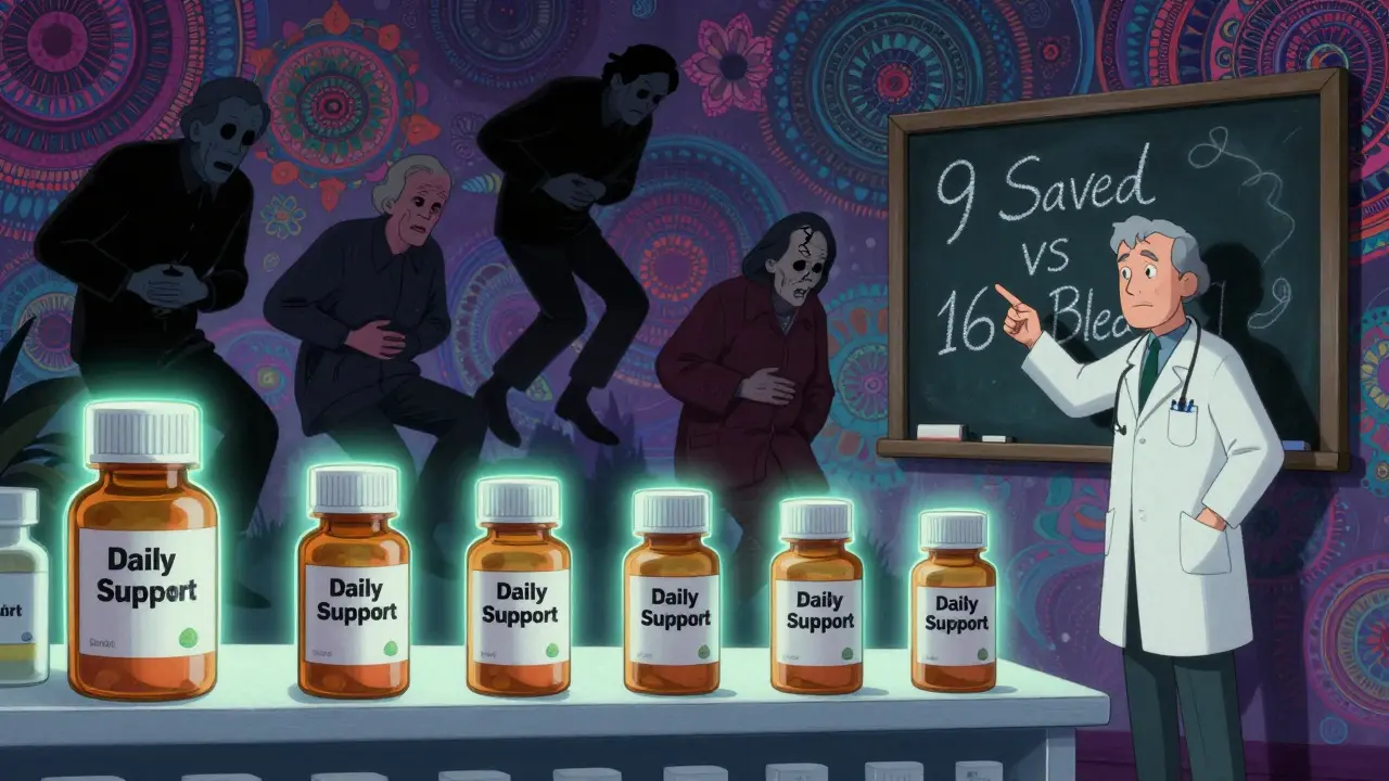 Pharmacy aspirin bottles glow as older adults fall in slow motion, with a chalkboard showing the risky math behind daily use.